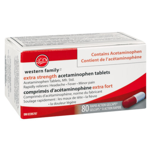 Rapidly relieves headache, fever & minor pain. 500mg Acetominophen Tablets. Mfr.Std.  80 action gelcaps.