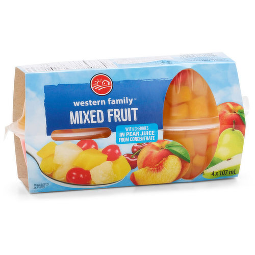 4 x 107 mL Fruit Cups. Mixed Fruit with Cherries in Pear Juice from Concentrate.