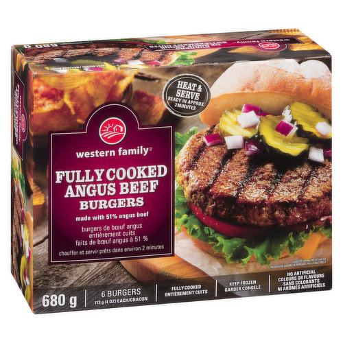 Frozen. Made with 51% Angus Beef. Heat & Serve Ready in Approx. 2 Minutes. 6 -4oz Patties.