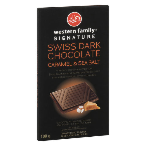 Fine Dark Chocolate Imported from Switzerland Paired Perfectly with Sea Salted Caramel Almond Nougat.