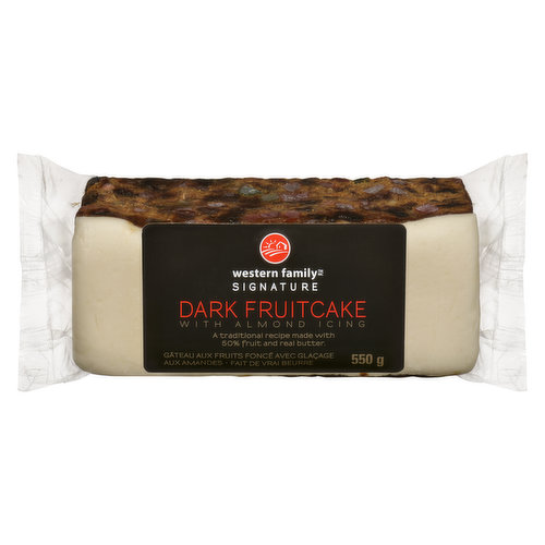 Our Dark Fruit Cake made with non-GMO flour, and loaded with candied cherries, papaya, and pineapple, along with raisins, almonds, pecans, warm spices, and essences of orange, with added molasses for a darker, richer finish, and topped with a creamy almond icing.