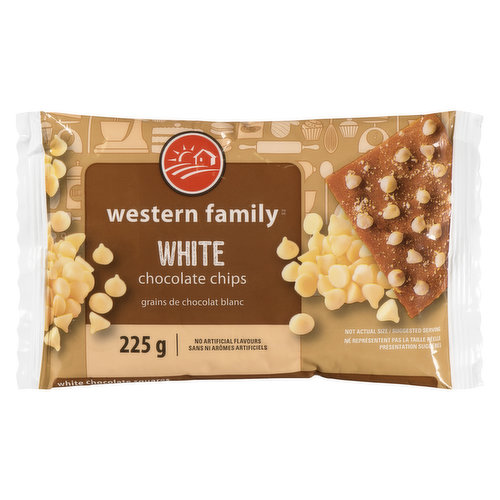 White chocolate chips made with real cocoa butter. They are perfect for use in baked goods such as cookies, muffins and cakes, as well as in ice cream, dairy desserts and candy making.