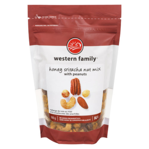 Honey Sriracha Nut Mix with Peanuts, is a healthy between meal snack that has no added preservatives.