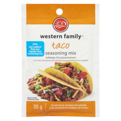 A mixture of seasonings, easy to use for making tacos, 25% less sodium than regular. No artificial colours or flavours used.