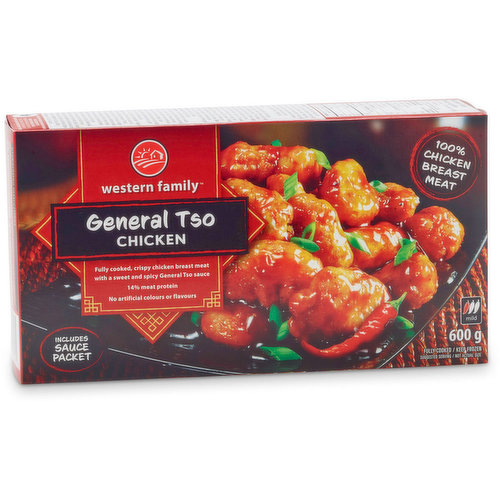 Fully Cooked, crispy chicken breast meat with a sweet & spicy General Tso sauce, 14% meat protein, mild heat.