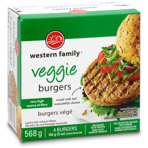 Made with real mozzarella cheese. Very high source of fibre. No artificial colors or flavors. Uncooked, keep frozen. 4 Burgers, 142g each.