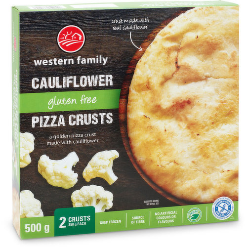 A golden pizza crust made with cauliflower. Keep frozen. Source of fibre. No artificial colors or flavors. Gluten free. Vegan.