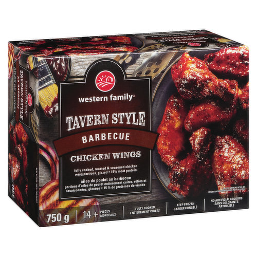 14+ pieces. Fully cooked, roasted & seasoned chicken wing portions, glazed. 15% protein. No artificial colours or flavours.