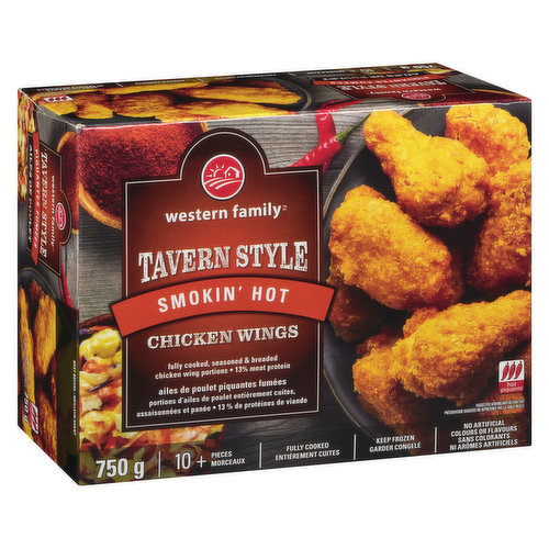10+ pieces. Fully cooked, seasoned & breaded chicken wings portions. 13% meat protein. No artificial colours or flavours.