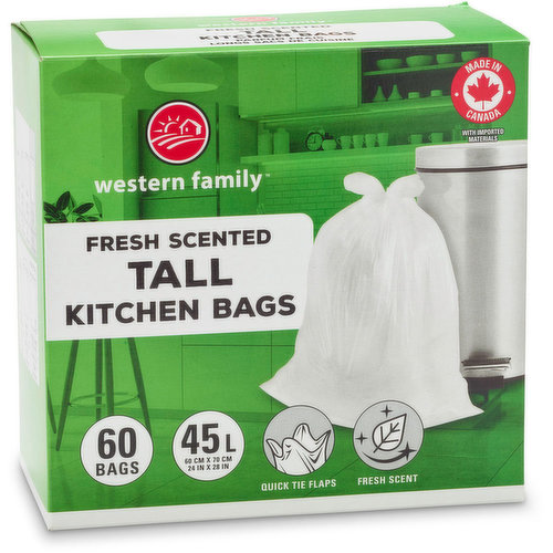 Fresh scented tall white, quick tie flaps. 60 bags