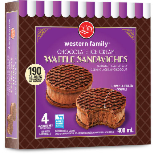 Chocolate ice cream stuffed saffle sandwiches with caramel filled waffles.