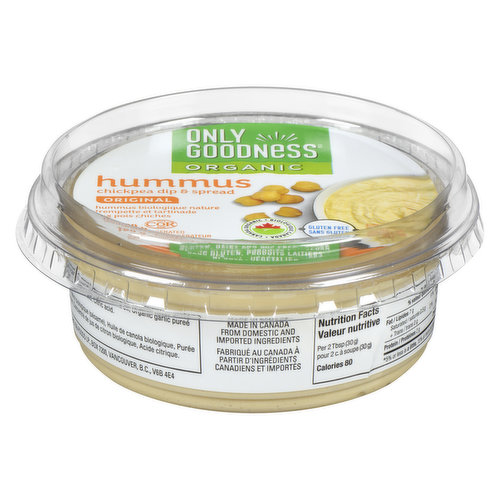 Chickpea Dip and Spread. Gluten, Dairy and Soy Free. Keep Refrigerated.