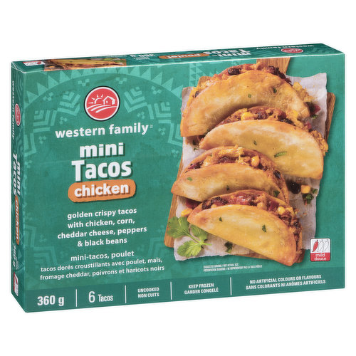 Golden crispy tacos, with chicken, corn, cheddar cheese, peppers & black bean. 6 tacos in a Pack.