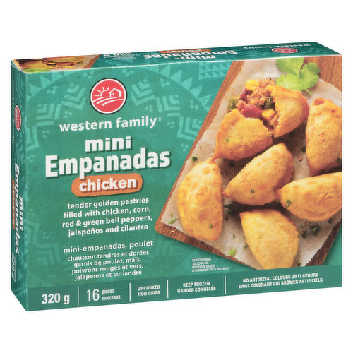 Tender Golden Pastries. Filled with Chicken, Corn, Red & green bell peppers, jalapeos and Cilantro. 16 pieces. No Artificial colors or flavours.