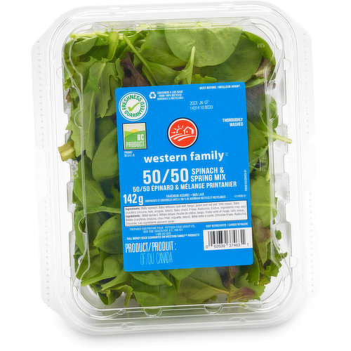 BC Product, freshness guaranteed. 50/50 mix of spinach an spring mix. Thoroughly washed.