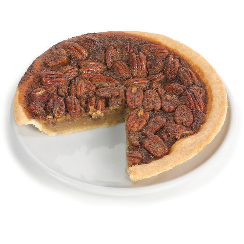 Baked in store. Rich with brown sugar and a sweet syrup cooked into a thick jam-like treat, it's topped with rings of pecans, all encased in  a buttery crust.