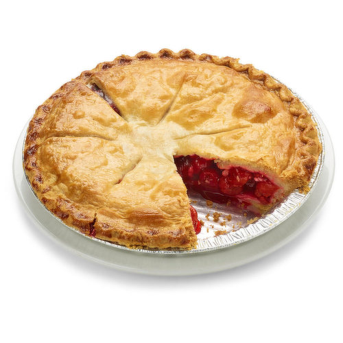 Baked in store. This delicious cherry pie is the perfect balance of tart and sweet. Made with only the finest Montmorency cherries, real sugar and then baked in a flaky, made from scratch crust. Just slice and serve or warm it up and add a scoop of vanilla ice cream.