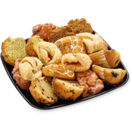 48 hour Prep Time Required for Party Platters. Limit 10 per Order.A Variety of Muffins, Strudels, Danish, Scones, Chocolate Croissants & Mini Croissants. Serves 10-14. Due to supply chain challenges some platters may not be as pictured.