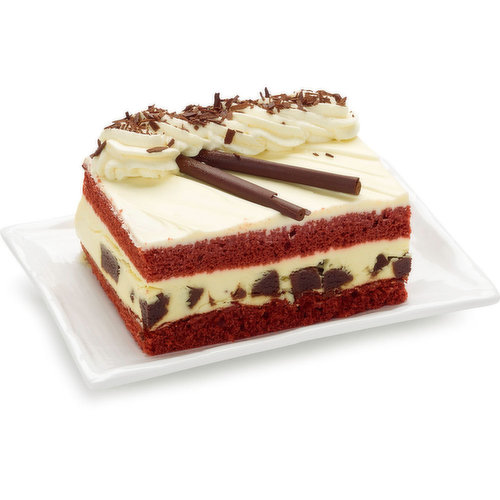 Layers of rich cream cheese mousse abundant with chewy chocolate brownie chunks contrast the rich red colour of this chocolate sponge cake flavoured with a hint of vanilla. Topped with Cream Cheese. 610g Cake.