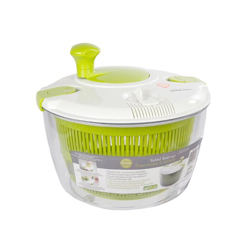 Quickly wash, rinse & dry vegetables. Removes excess moisture from vegetables. Crystal clear base can be a serving bowl. 10 inch.