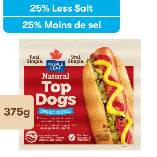 Maple Leaf Natural Top Dogs Less Salt Hot Dogs   00063100000448 