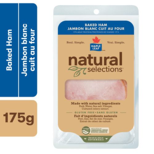 Create a tasty sandwich or wrap with Maple Leaf Natural Selections Baked Ham. This delicious ham sandwich meat starts with our quality cuts of ham and is made with natural ingredients for delicious flavour. The convenient resealable package ensures the sliced deli meat stays fresh and ready to enjoy. Made for families, the Maple Leaf brand offers premium meat using only natural ingredients with no artificial preservatives, flavours, colours, or sweeteners. Dedicated to providing wholesome, real food for Canadians for generations to come, Maple Leaf is the first major food company in the world to become carbon neutral. Join them in their commitment to build a more sustainable planet.