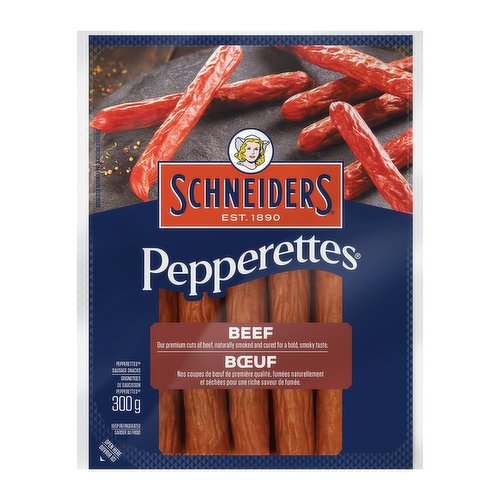 Experience rich, meaty flavour in a bold, smoky snack with Schneiders Pepperettes Beef Sausage Sticks. Made with our premium cuts of beef, these naturally cured meat sticks are naturally smoked and dried to intensify their bold and smoky taste. Enjoy these beef sausage sticks as a satisfying snack anytime or to elevate any charcuterie board. Since 1890, Schneiders brand has established a rich heritage of original and authentic recipes, using premium ingredients and taking all the time needed to honour the origin and inspiration of each recipe. Quality never gets old.