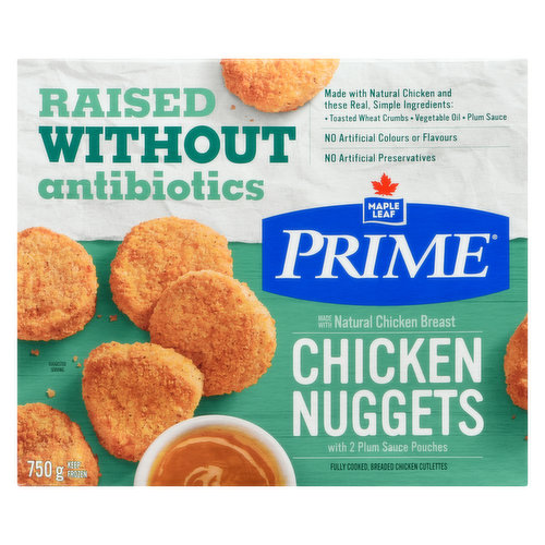 Made with real, simple ingredients & natural chicken breasts that are raised without antibiotics. Each nugget is breaded with seasoned, toasted wheat crumbs, lightly browned in vegetable oil and carefully frozen to seal in the flavor. Cook thoroughly at home and serve.