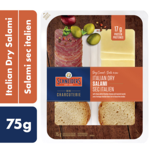 Treat yourself to a delicious snack kit for adults with Schneiders Dry Cured Italian Dry Salami Snack Kit. Made from our premium cuts of pork, the Italian dry salami slices are dry cured for a tangy kick and paired perfectly with sharp white cheddar cheese slices and toasted rounds. With 17 grams of protein per kit, this convenient salami and cheese kit is your own personal charcuterie platter on the go. Keep them in the fridge at home or the office for an afternoon pick-me-up. Since 1890, Schneiders Foods has established a rich heritage of original and authentic recipes, using premium ingredients and taking all the time needed to honour the origin and inspiration of each recipe. Quality never gets old.