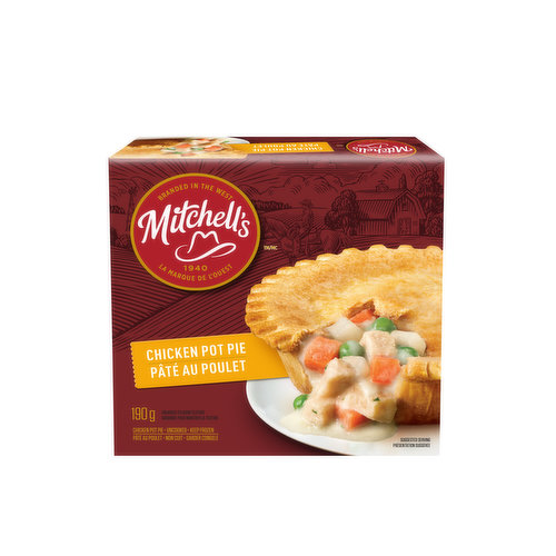 Enjoy a savoury homestyle meal without the hassle with Mitchell's Chicken Pot Pie. This pot pie features chunks of chicken simmered with vegetables and served with a creamy gravy, baked inside a golden, flaky crust. As a Maple Leaf Foods brand, Mitchell's is proud to be a part of feeding millions of Canadians, every single day.<br />