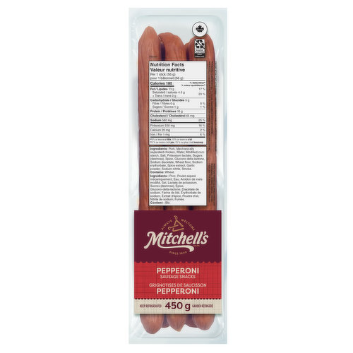 Experience rich, delicious flavour in a handy, portable snack with Mitchell's Pepperoni Meat Sticks. Crafted with our quality cuts of meat, these sausage snacks are lightly seasoned with a mild spice blend, then smoked and dried to intensify their meaty flavour and tangy taste. These tasty meat sticks are a satisfying snack that can be enjoyed anytime. Branded in the west, our Mitchell's brand is proudly prepared in Western Canada and committed to bringing quality meat products to Canadian families since 1940.