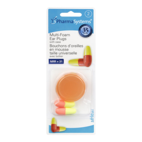 Self-Adjusting, Soft Polyurethane Foam Ear Plugs. Double Sided, One Side Designed to Fit Larger Ear Canals, the Other Side for Smaller. Recommended for Noise Reduction. Case Included.