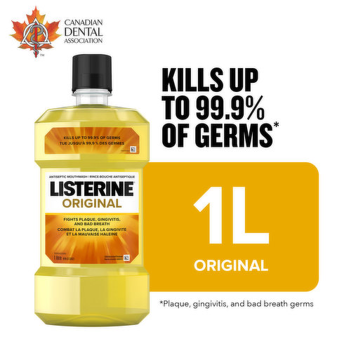 Listerine Original Antiseptic Mouthwash Kills Up To 99.9% Of Germs That Cause Plaque, Gingivitis And Bad Breath.