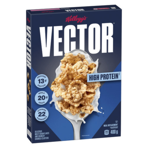 Meal replacement cereal, a55 g serving of VECTOR with 200 mL of skim milk provides: 54 g of carbohydrates, a good source of protein, & 22 vitamins & minerals. Enjoy delicious multi-grain flakes & crunchy granola clusters to help fuel your active lifestyle.