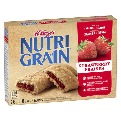 Made with delicious filling with real fruit & the soft baked texture you know & love from Nutri-Grain, these are a perfect morning snack or are great any time of day.Made with 8 g of whole grains per serving. No artificial flavours or colours. 8 bars.