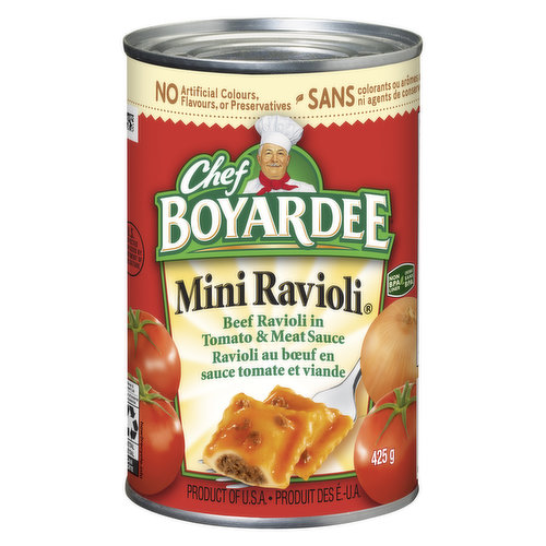 Kids & parents alike love the bold flavour of Chef Boyardee Mini Ravioli. The mouth-watering combination of beef & tomatoes helps support wholesome lunches & comforting dinners. This easy to prep pasta contains no artificial colours, flavours or preservatives & is always ready to go. Non-BPA lined cans. Dig into a flavourful entre in minutes with Chef Boyardee.
