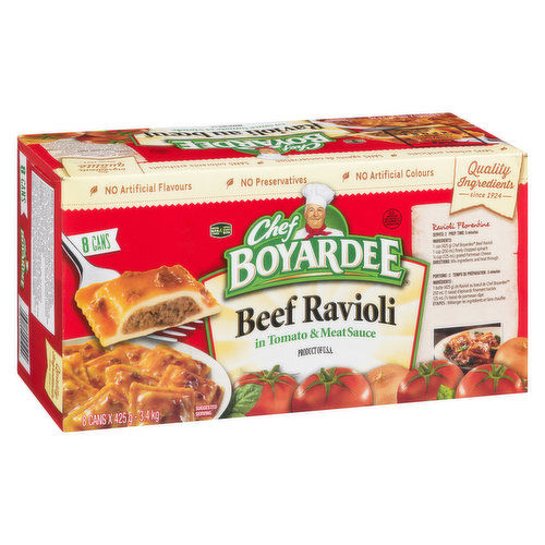 Dig into a flavourful entre in minutes. Kids & parents alike love the bold flavour of Chef Boyardee Beef Ravioli. The mouth-watering combination of beef & tomatoes from California helps support wholesome lunches & comforting dinners. This easy to prep canned pasta contains no artificial colours, flavours or preservatives & is always ready to go in 8 non-BPA lined cans. Thank goodness for Chef Boyardee.