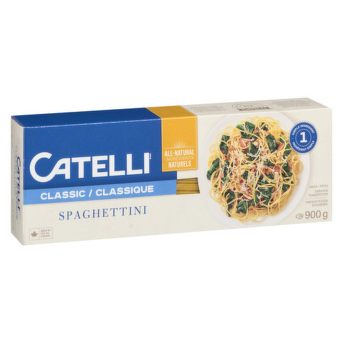 Long Live Spaghettini. This pasta is amazingly versatile and pairs well with just about any type of sauce, not just traditional tomato sauce and meatballs. This tried-and-true meal, made with all-natural pasta, is sure to please humble and sophisticated palates alike.<br /><br />Each purchase of Catelli pasta helps support food banks across Canada. Learn more at Catelli.ca/ProjectHunger.
