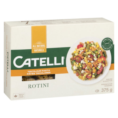 A little colour adds a lot of flair. With colouring made from all-natural ingredients with no preservatives, our Tricolour pasta is the perfect, fun way to shake things up on your plate. Try using it in a pasta salad for meals that feel like summer all year-round.<br /><br />Each purchase of Catelli pasta helps support food banks across Canada. Learn more at Catelli.ca/ProjectHunger.