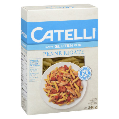 Delicious needs no compromise. With a taste that's just as delicious as regular white pasta, our Gluten Free pasta is made with a unique 4-grain blend of white rice, brown rice, corn and quinoa. This pasta is made without preservatives, so you can eat gluten-free, compromise-free.<br /><br />Each purchase of Catelli pasta helps support food banks across Canada. Learn more at Catelli.ca/ProjectHunger.