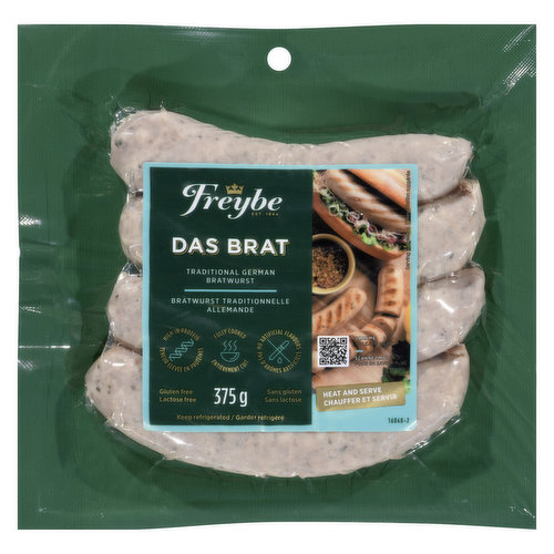 Gluten free. No nitrites added. Fully cooked traditional German bratwurst sausage.