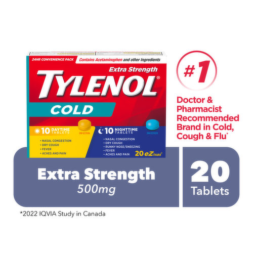 Relieves Nasal Congestion, Dry Cough, Fever, Aches and Pains, Runny Nose/Sneezing. 10 Daytime +10 Nighttime Tablets. Contains Acetaminophen and other Ingredients.