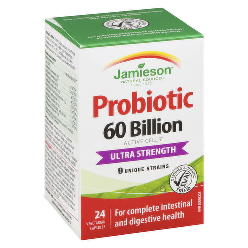 Jamieson 60 Billion is an Ultra Strength Probiotic which has 9 unique strains for complete intestinal and digestive health. The probiotic balances intestinal microflora for overall digestive health.