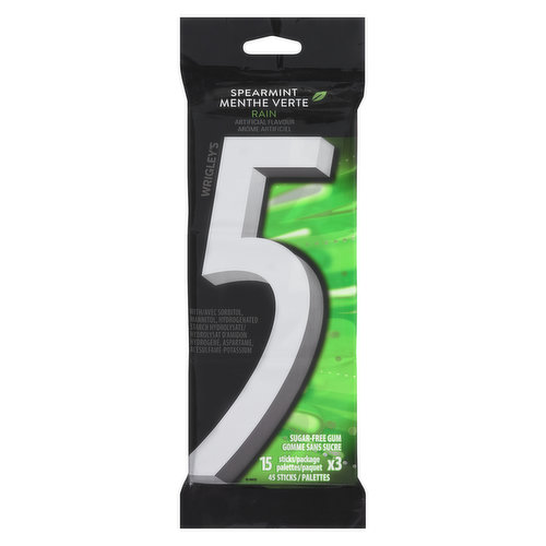 5 Gum - Spearmint-Rain Sugar Free Chewing Gum, 15 Sticks