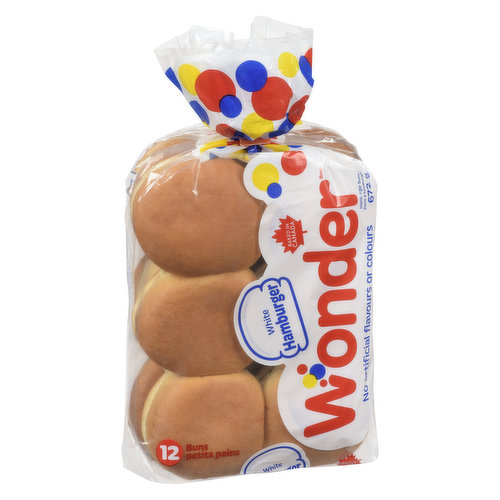 12 soft hamburger buns baked in Canada. No artificial colours or flavours.