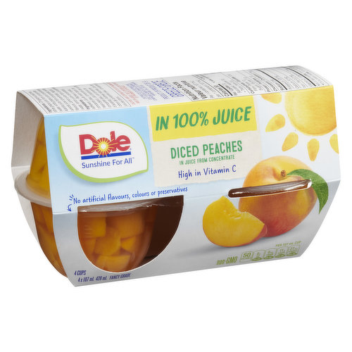 4 x 107 mL Fruit Bowls. Diced Peaches in Fruit Juice from Concentrate. 80 Calories per Serving. Good Source of Vitamin C.