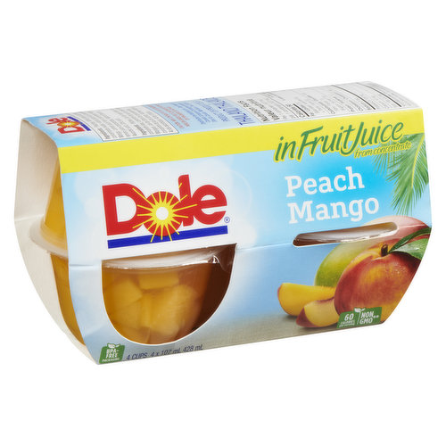 4 x 107 mL Peach Mango Fruit Bowls Packed in Fruit Juice from Concentrate. 80 Calories per Serving. Excellent Source of Vitamin C.