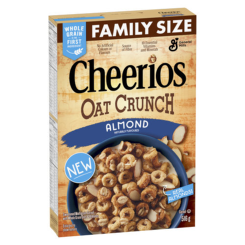 Cheerios Oat Crunch, Almond is Oats on Os, with sliced almonds, delivering substance & crunch in every bite. If you are looking for a hearty & filling breakfast cereal, or simple snack on-the-go, look no further! Introducing their newest Oat Crunch flavor, Almond  you wont regret adding this one to your grocery list!