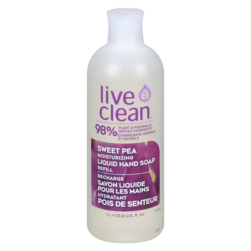 Live Clean Sweet Pea Moisturizing Liquid Hand Soap Refill is the perfect blend of Vitamin E with Panthenol to gently cleanse and moisturize leaving hands feeling soft and smooth. Our moisturizing hand soap is infused with certified organic botanical flower extracts of Lavender, Rosemary and Chamomile. This liquid soap is 98% plant-based, vegan, never tested on animals and free from parabens, sulfates and harmful chemicals.