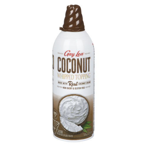 Gay Lea Coconut Whipped Cream is made from pure coconut cream. This product is lactose free, dairy free, gluten free and cholesterol free. 30 calories per 4 tbsp.